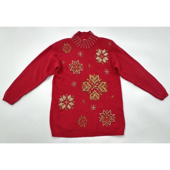 Victoria Jones Sweater Womens Medium Red Christmas Gold Snowflakes Tunic Beaded - Picture 1 of 12